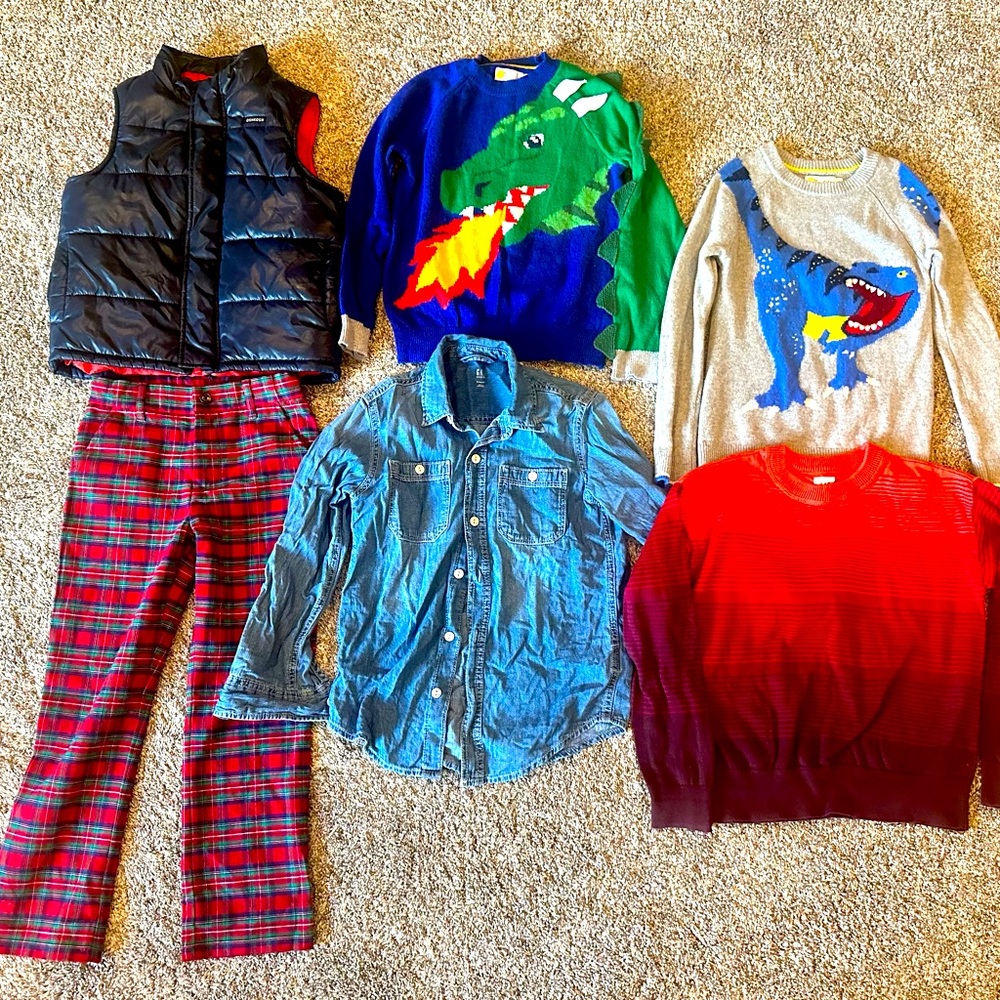 Mini Boden Sweaters, Gap Sweater, Gap denim Shirt, and OshKosh Vest, Xmas pants
